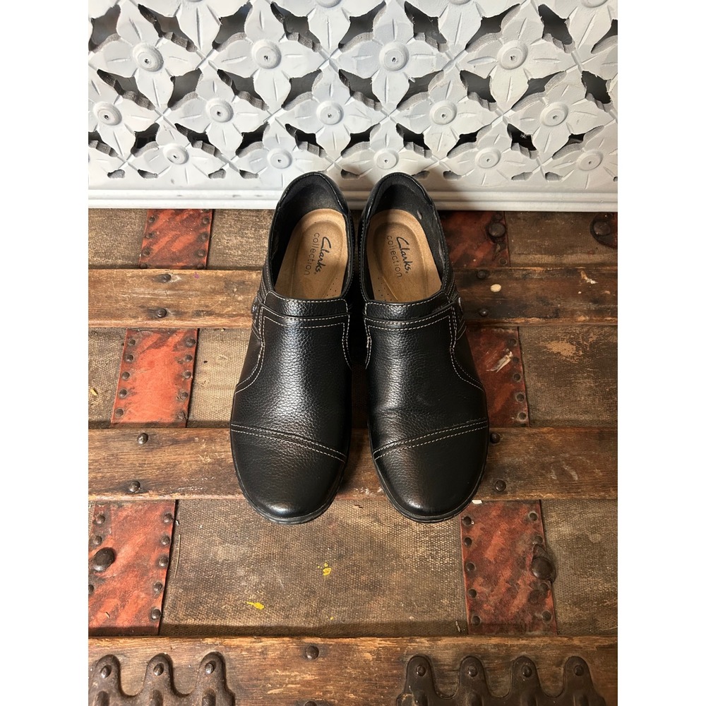 Clarks Collection Womens Black Leather Slip On Loafers Cap Toe Shoes Size 8.5 M